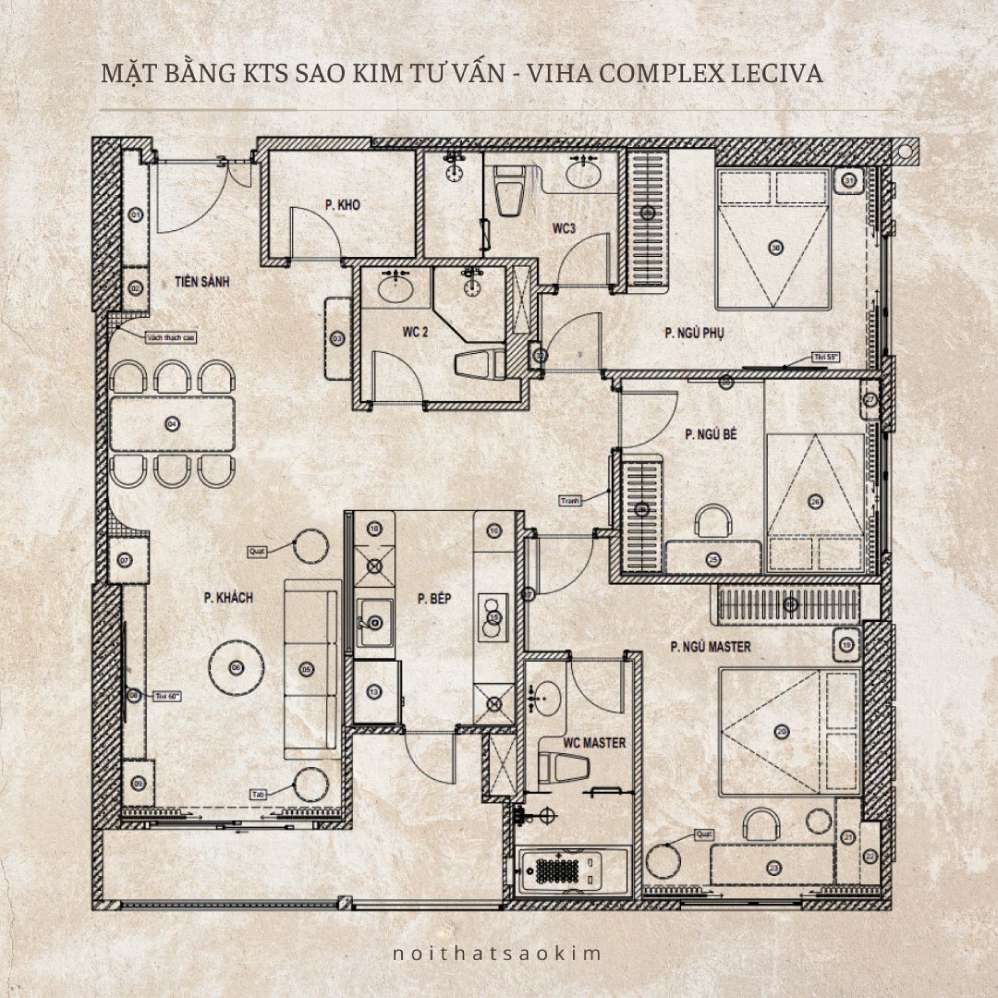 Mặt bằng căn hộ thiết kế chung cư 3 ngủ phong cách Modern Japandi dự án Viha Complex Leciva

